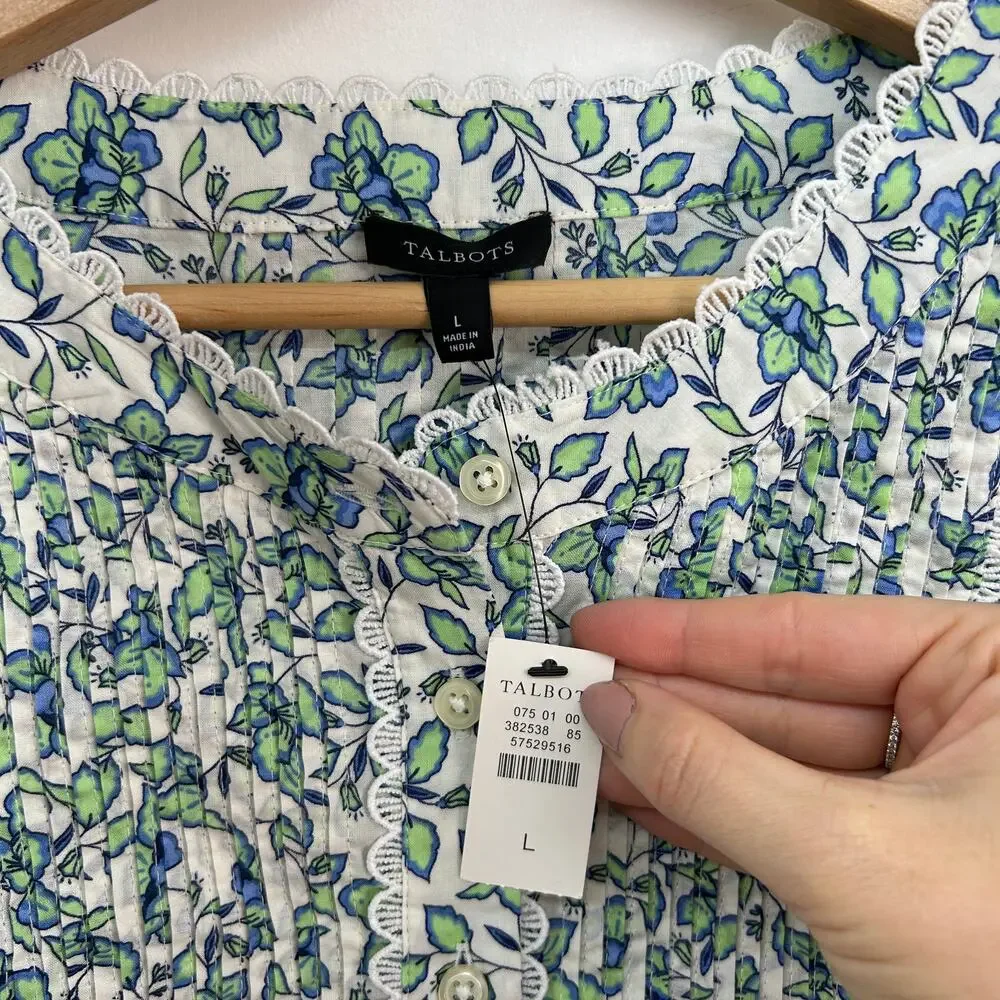 NEW Talbots Flower Floral Button Up Ruffle Lace Long Sleeve Blouse Top Large - Picture 7 of 8